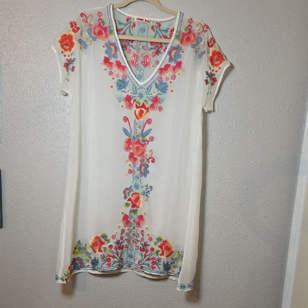 Johnny Was White Tunic Mini Dress With Colorful Floral Embroidery